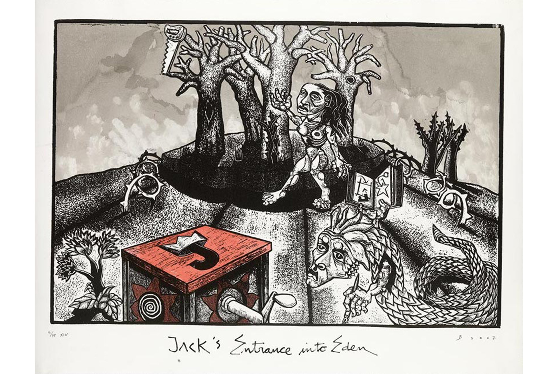 mountain with trees in center, naked woman stands near trees, barbed wire on either side of her, flowers at lower left, jack-in-the-box at front left and jester headed snake holding a pen at lower right