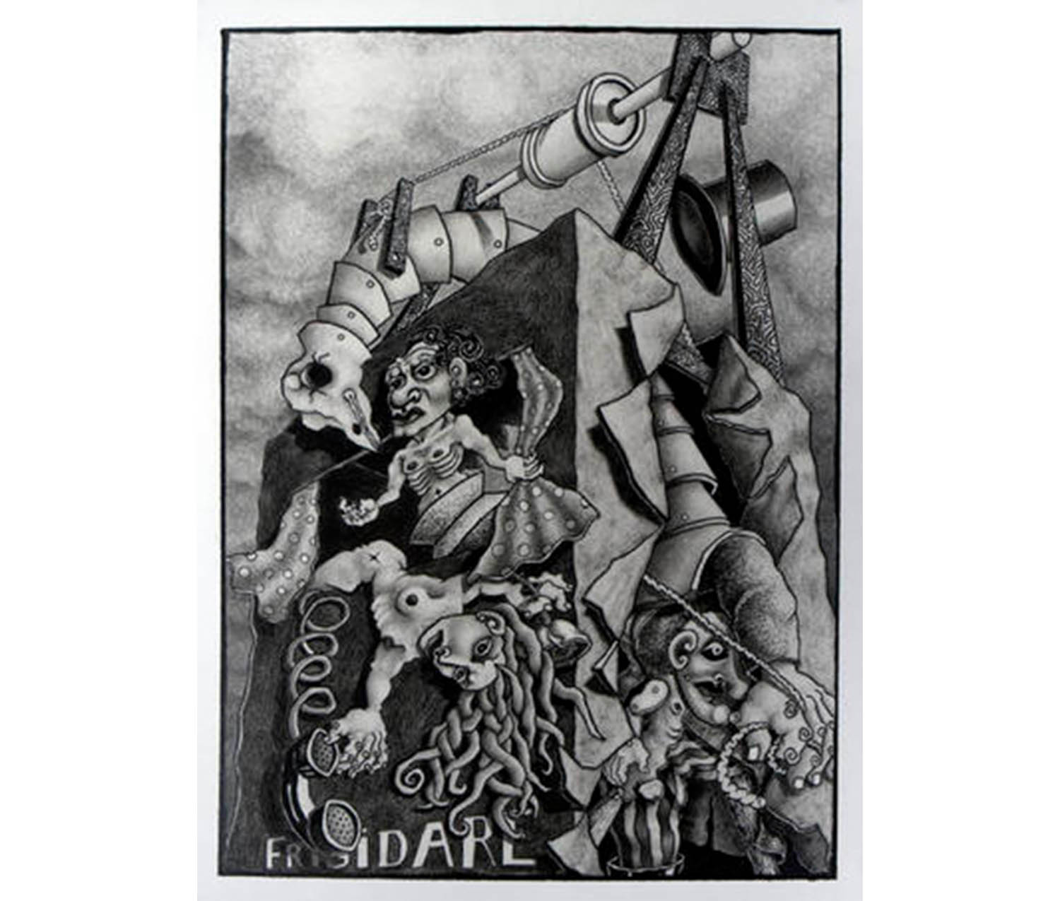 small muscular figures sticking out of a large steel machine; text along the bottom reads "FRIGIDARE"