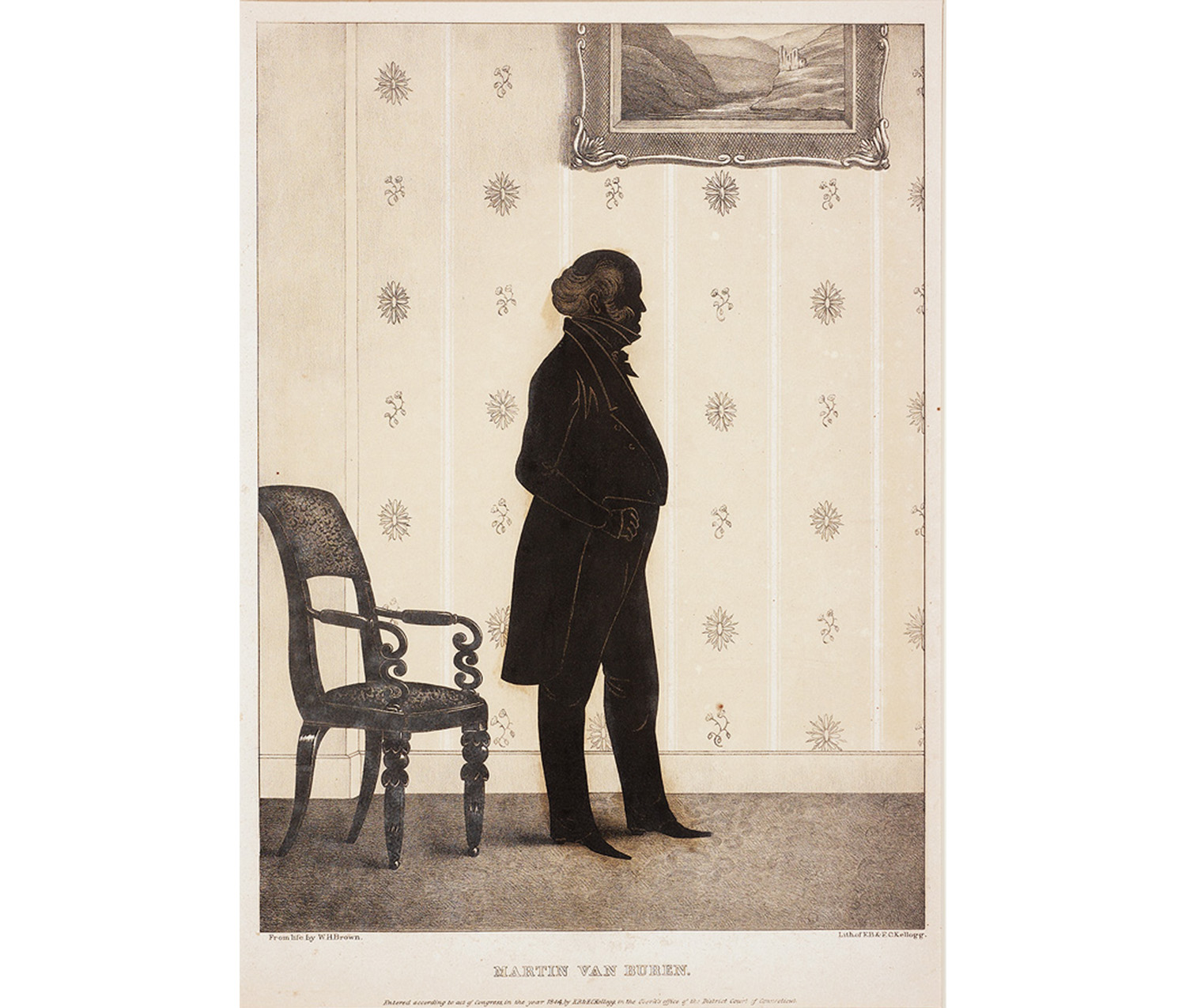 right profile full length silhouette portrait of an elderly man in black, balding with curly hair, wearing a long tailcoat standing near a chair in a room with patterned wallpaper and a painting on wall