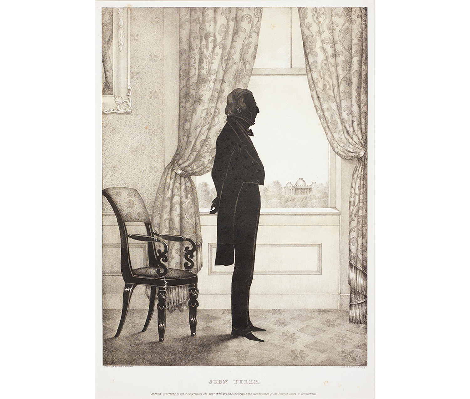 right profile full length silhouette portrait of a man in black wearing a tailcoat standing near a window with chair behind him