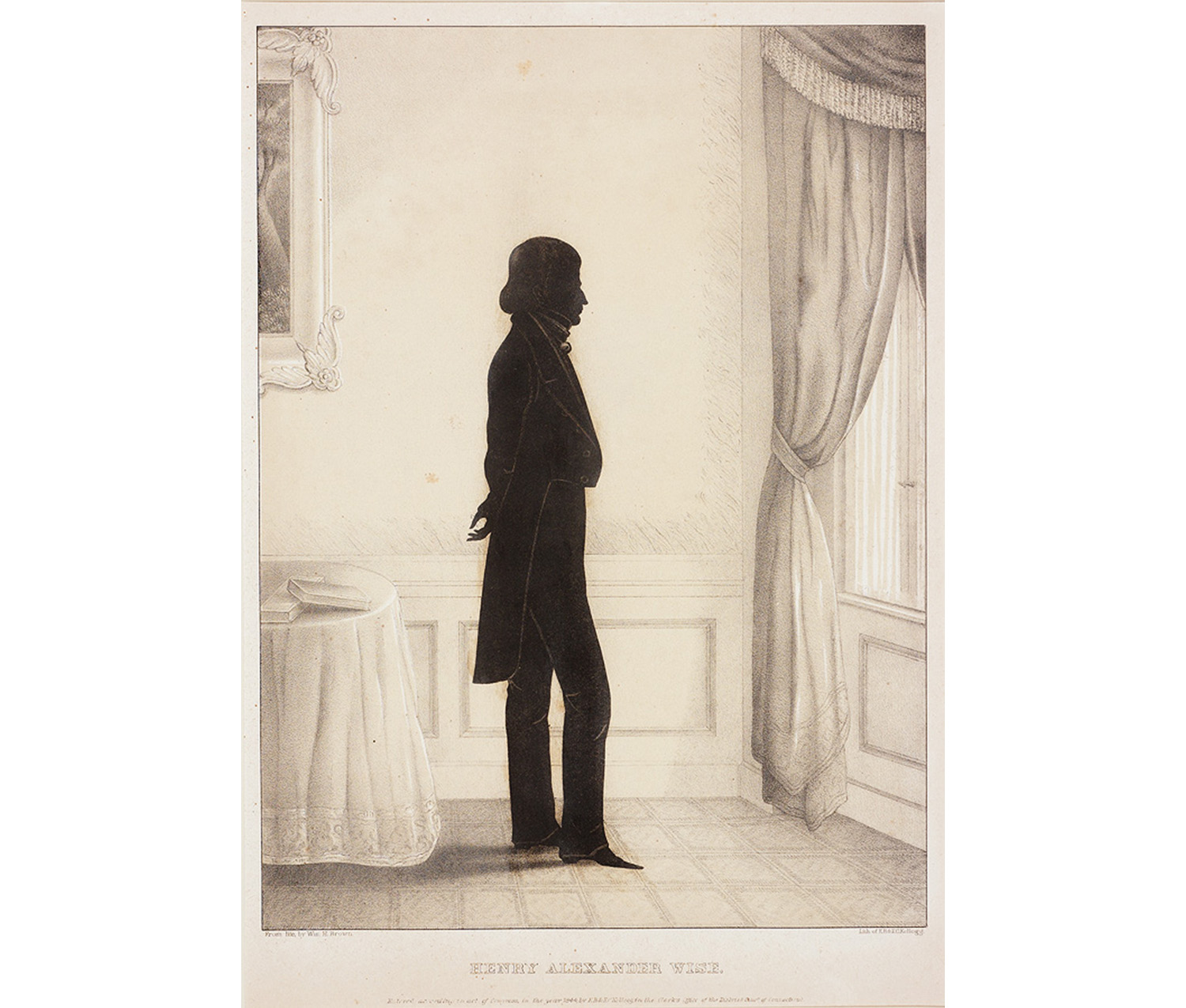 right profile full length silhouette portrait of a man in black wearing a long tailcoat standing near a window with table and books behind him and a framed painting on wall behind him