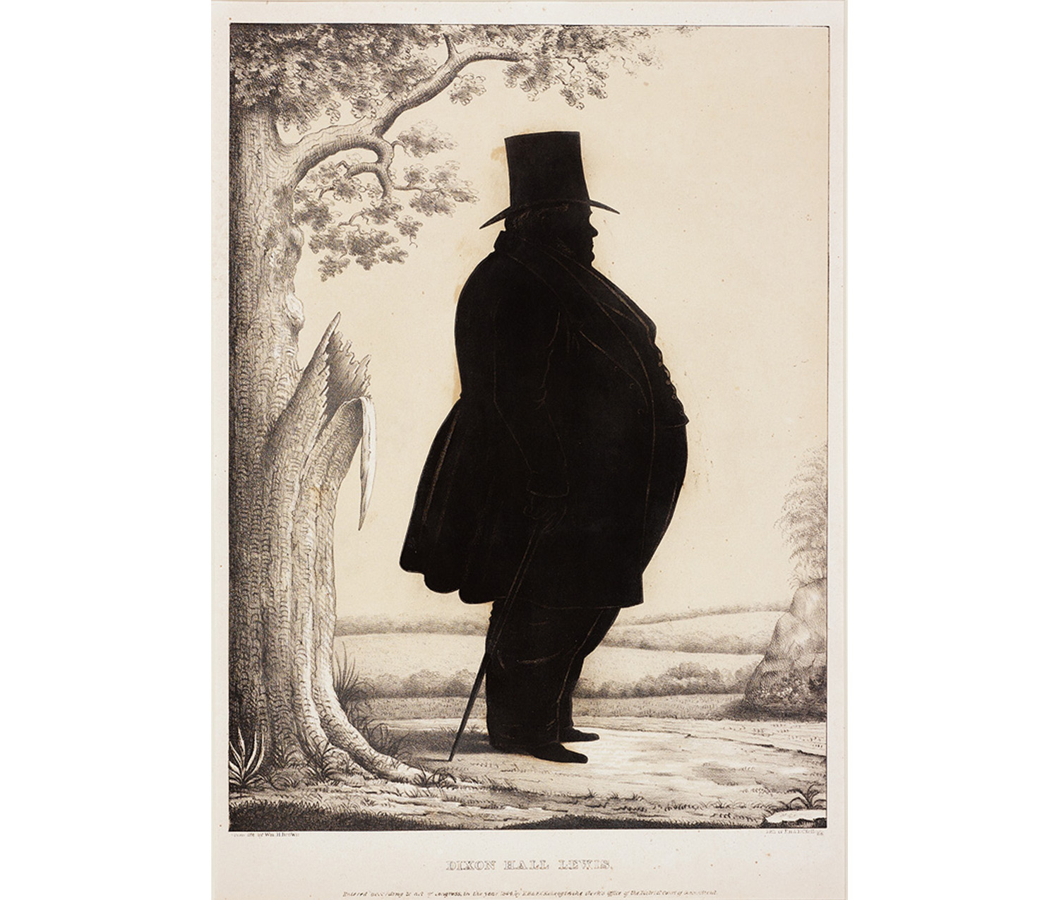 right profile full length silhouette portrait of a large, overweight man in black wearing long tailcoat, top hat, and cane standing outdoors near a tree with bucolic landscape in background