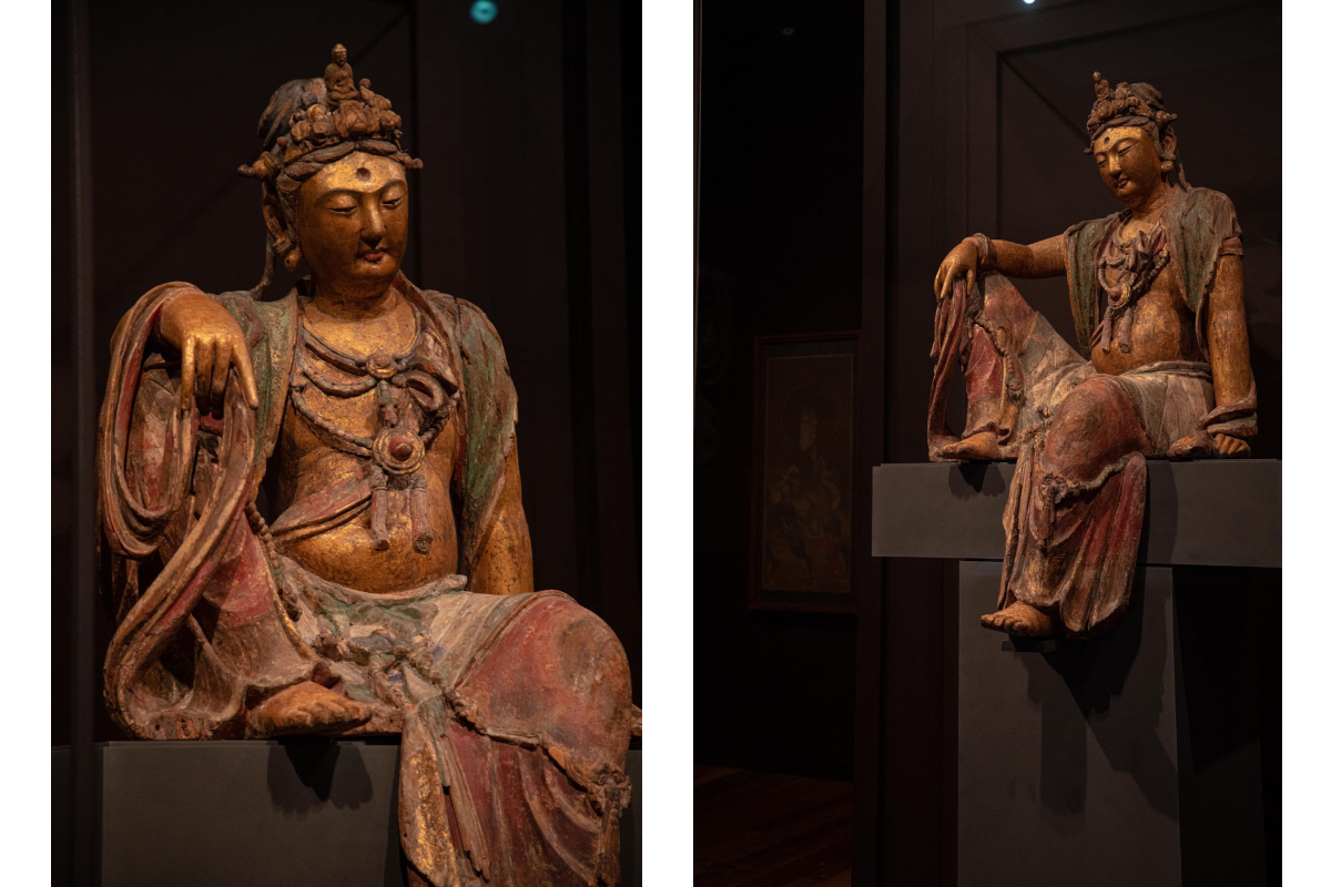 "Two views of a painted wooden statue of bodhisatva sitting with one leg up and the other hanging down"