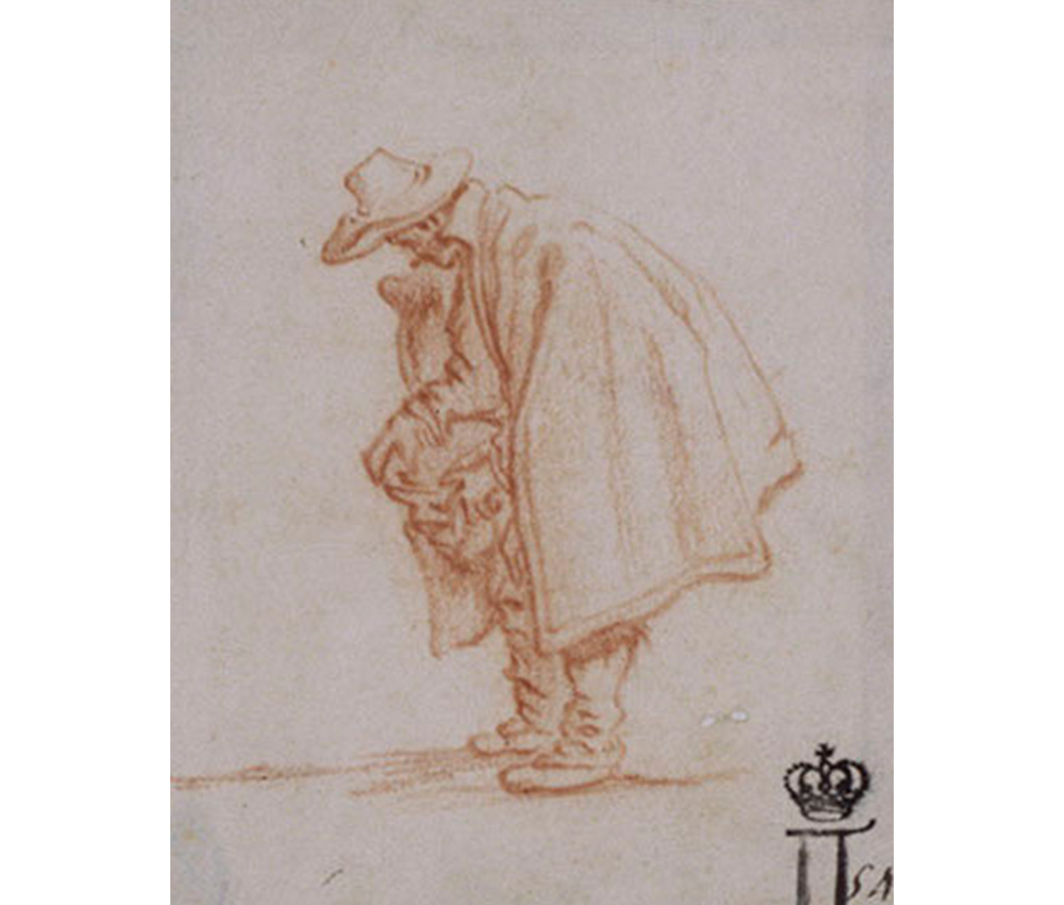 old man with cloak and hat bending over his bundle