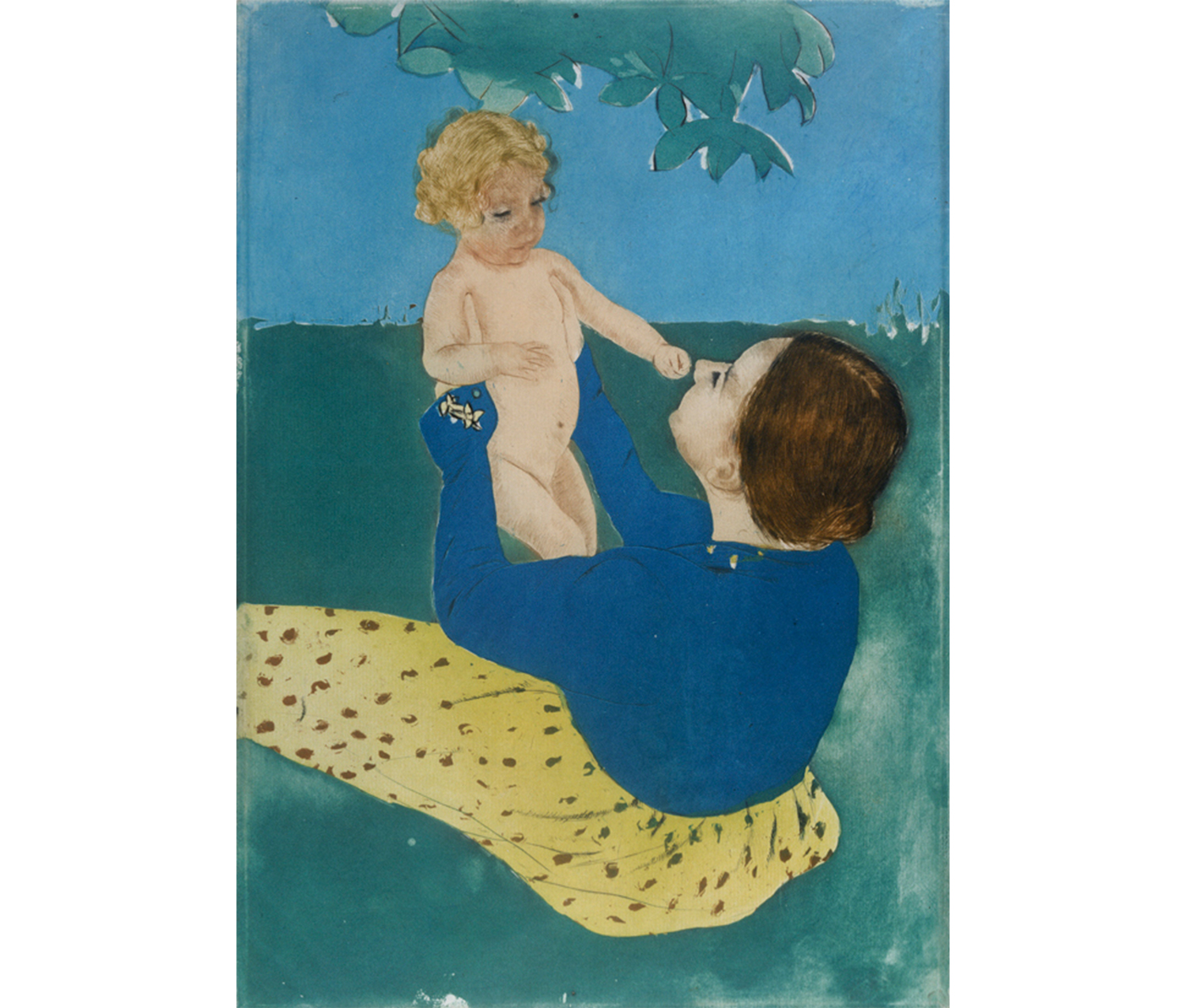 dark haired woman in print skirt and plain blouse holding up a blond naked child, leafy tree branch overhead, plain ground and sky
