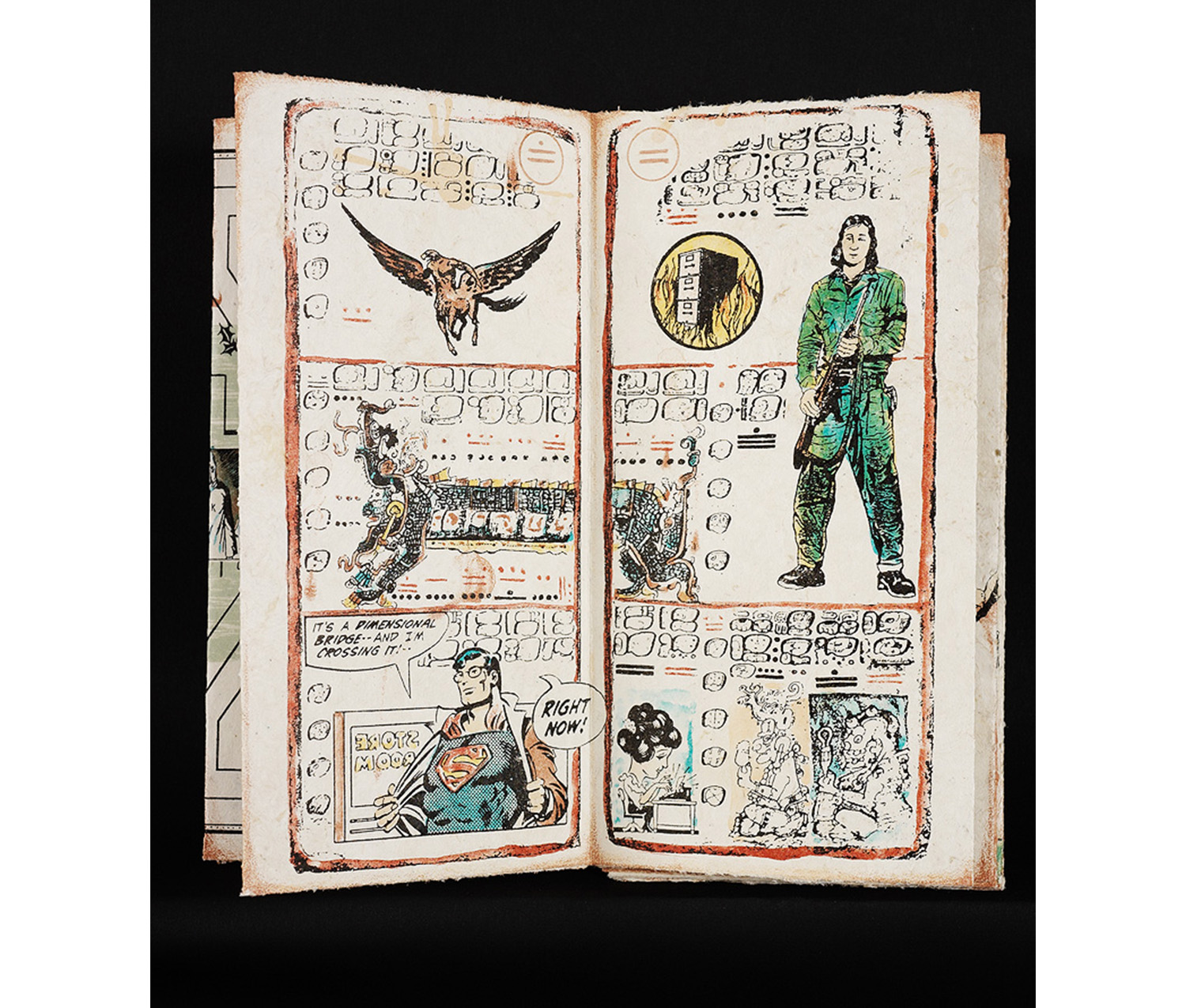 two pages of an artist's book. left page has a bird, elaborate symbolic drawings, and a Superman cartoon. right side has a man wearing a green jumpsuit and holding an instrument, with various symbols and cartoons underneath.  