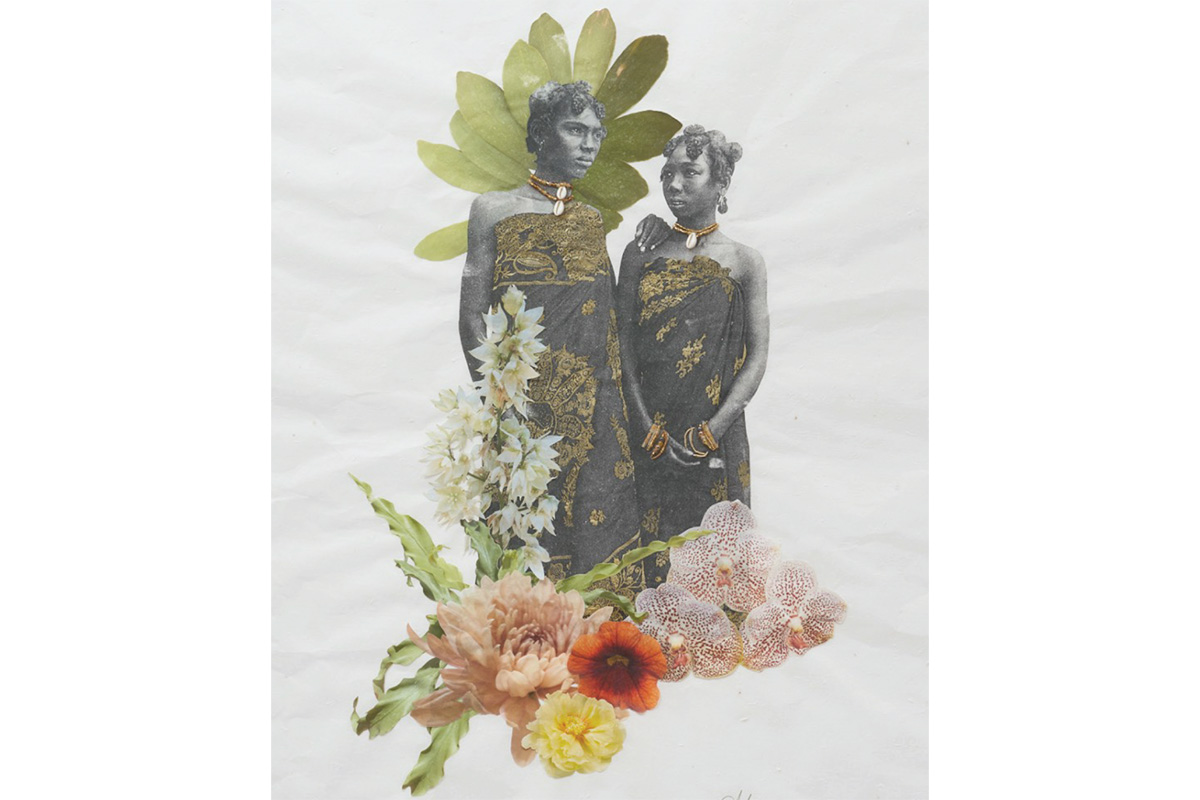 "standing young women side-by-side. Figures are decorated with beads and shells. Paper flowers and leaves below and behind them"