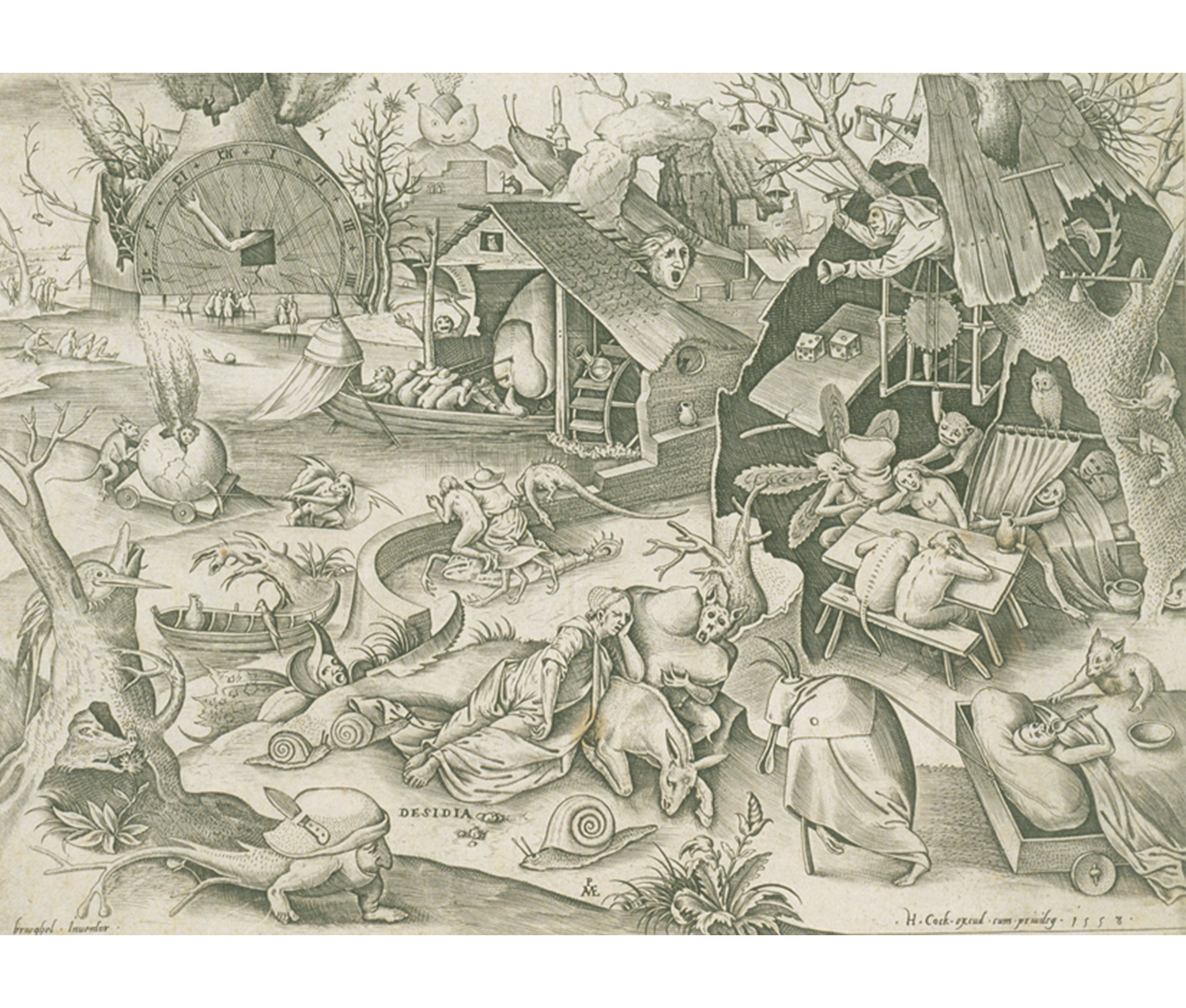 charcoal drawings of beasts, the personifications of the sin Sloth, lounging around among a fantastical landscape