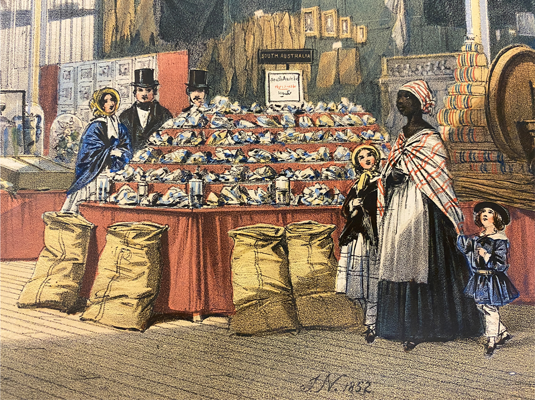 Two well-dressed European children hold on to the skirt of a woman of African descent (probably their nanny), who wears a modest dress, shawl, and headscarf. They are looking at a table displaying sachets of tea or coffee.