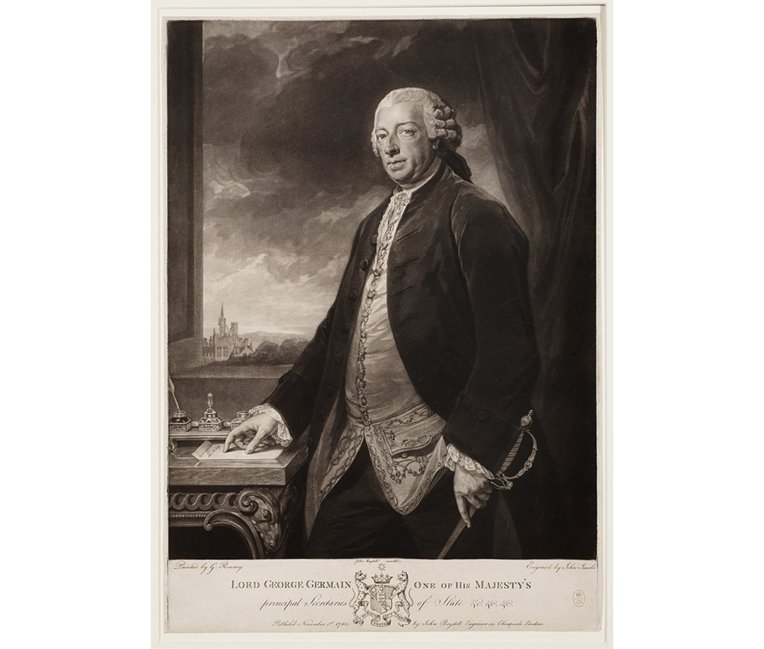 Portrait; 3/4 view of body and 3/4 facial profile; man wearing curled wig tied back; in fancy dress; noblility; holding a sword in right hand and pointing to a letter with the left; desk with decorated moldings; view of landscape and large ubilding through window behind the standing figure; curtain on the left of the figure