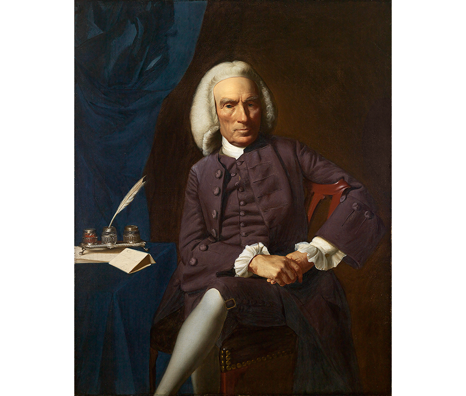 three quarter length portrait of an older man in long white wig, coat, vest, breeches and white stockings, seated legs crossed, hands together on proper left thigh, a small stand to his proper right holding paper, three ink wells and feather pen, curtain behind to his proper right