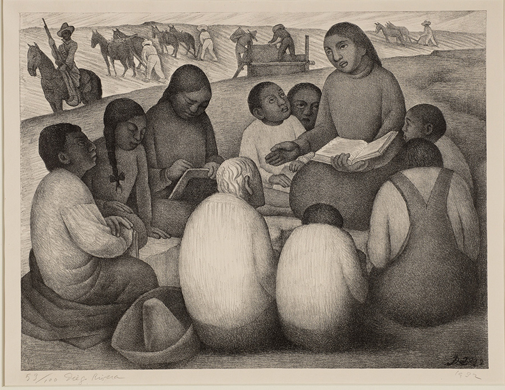 group of children gathered around a teacher; all carrying books. in the background, people walk cattle up a hillside and a soldier is riding a horse and carrying a rifle.