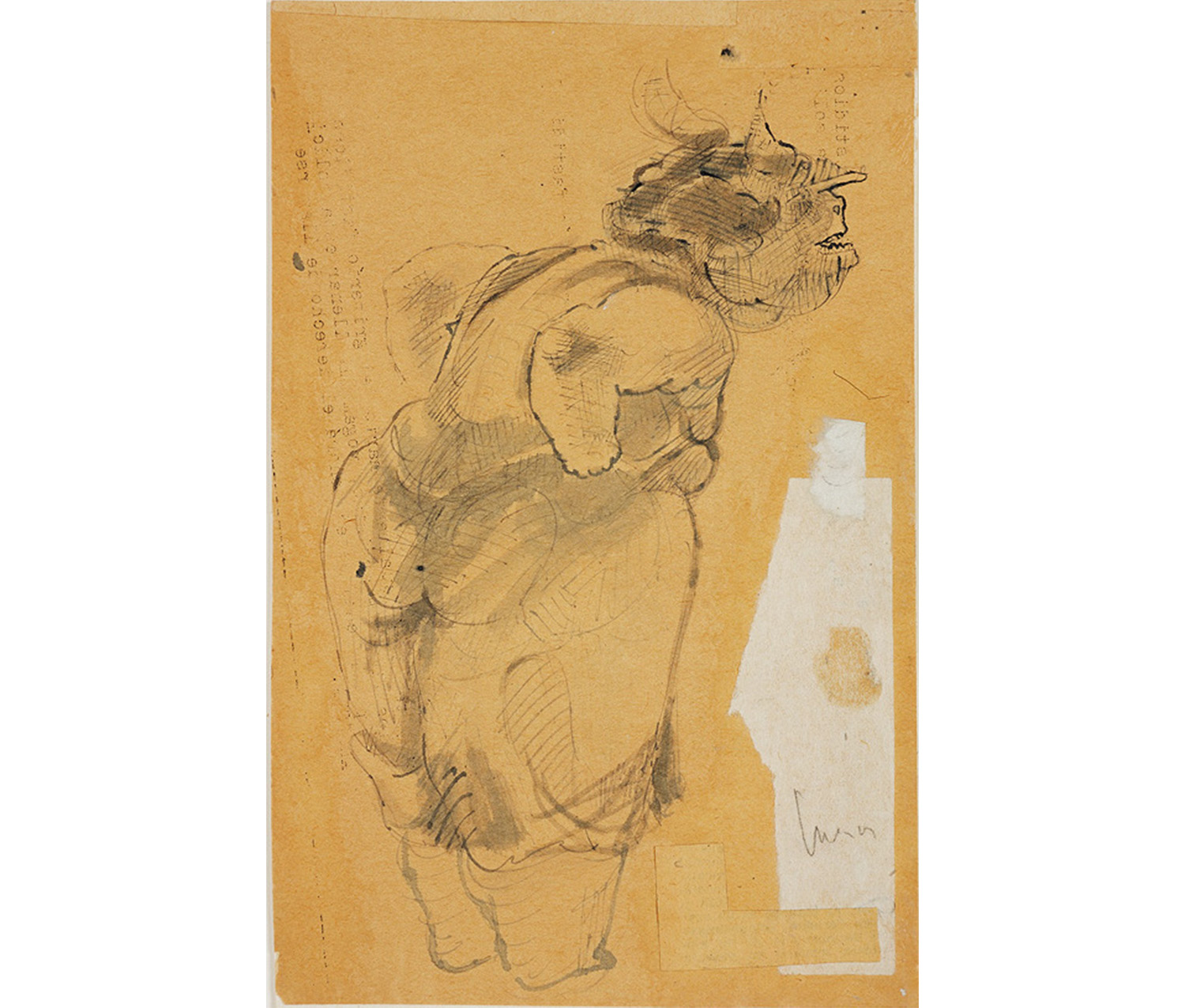 large grotesque figure with hands on hips looking toward right, white collaged irregular rectangle at lower right