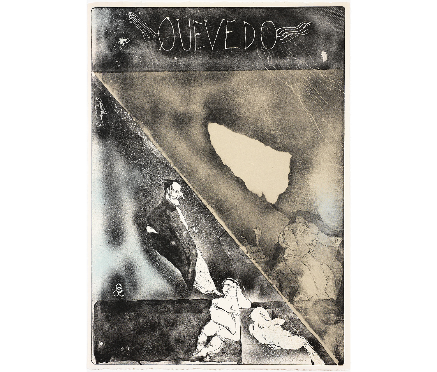 black and white faded print of various male figures; text across the top reads "QUEVEDO"