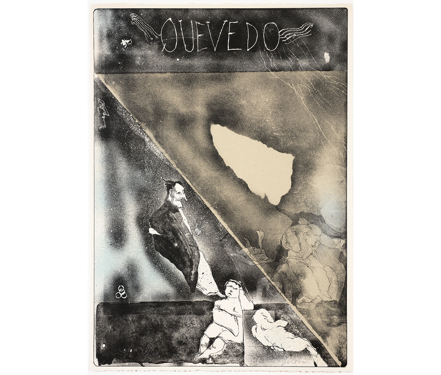 collage of various figures and dark shapes. on the top, text reads "QUEVEDO"