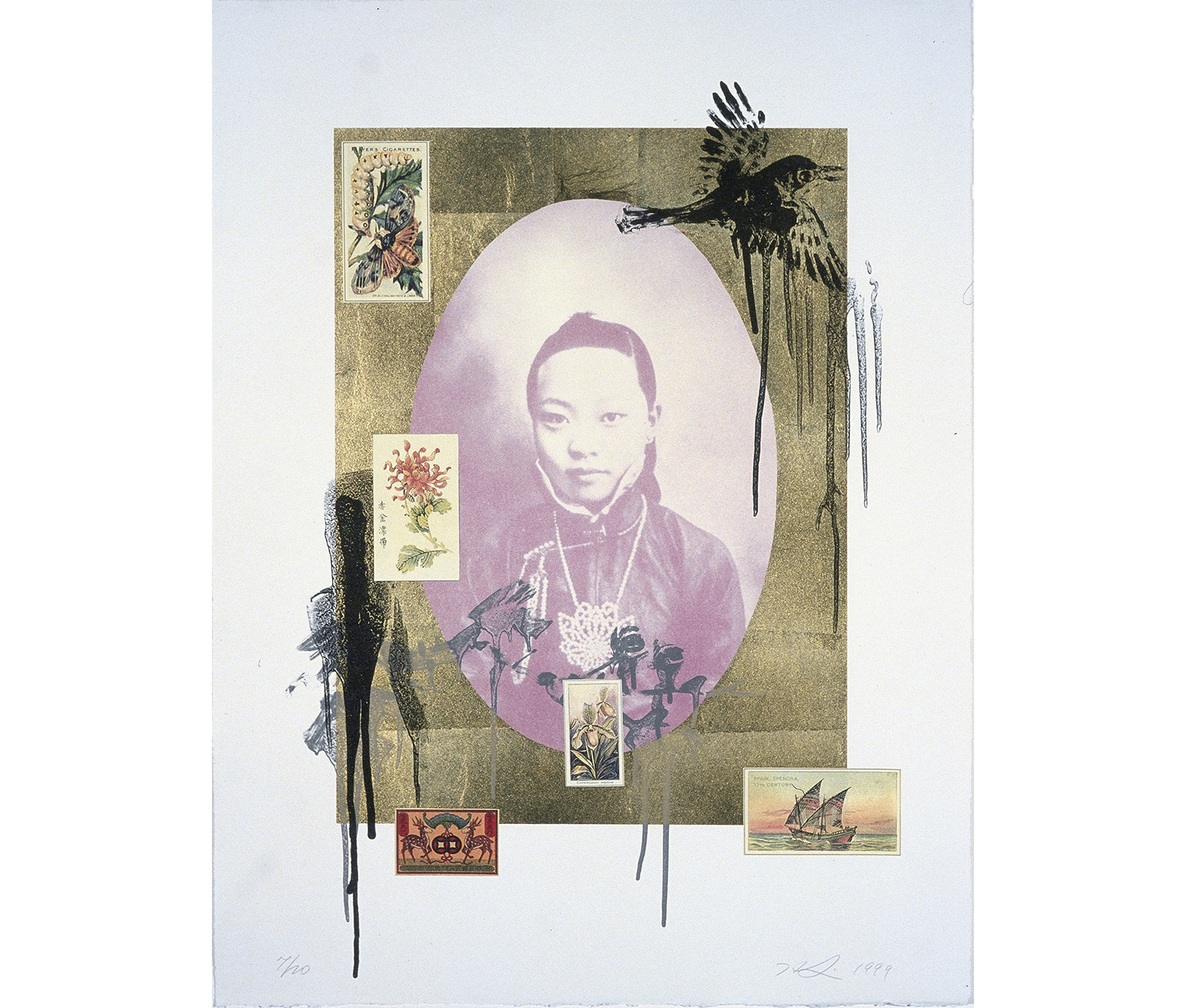 gold background, black bird in upper right corner, black drips at lower left corner, oval orchid tinted portrait of young woman in high collared Chinese dress with necklace, applied Players Cigarettes card with butterfly and larva at upper left, mid left applied card with Chinese text and chrysanthemum, small applied card at bottom edge near lower left corner with two antlered deer facing a design in center on red ground and Chinese text, small colored card with orchid at lower center with CYPRIPEDIUM INSIGNE, small colored applied card at lower right corner with SPAIN SPENORA / 17th CENTURY and small boat with two sails on water