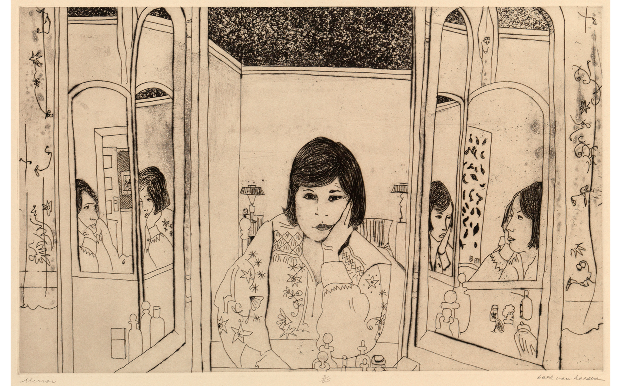 woman with dark chin length hair wearing printed blouse sitting before three way mirror with chin in proper left hand, she is reflected twice at left and twice at right, part of room with lamps and chair visible beyond her
