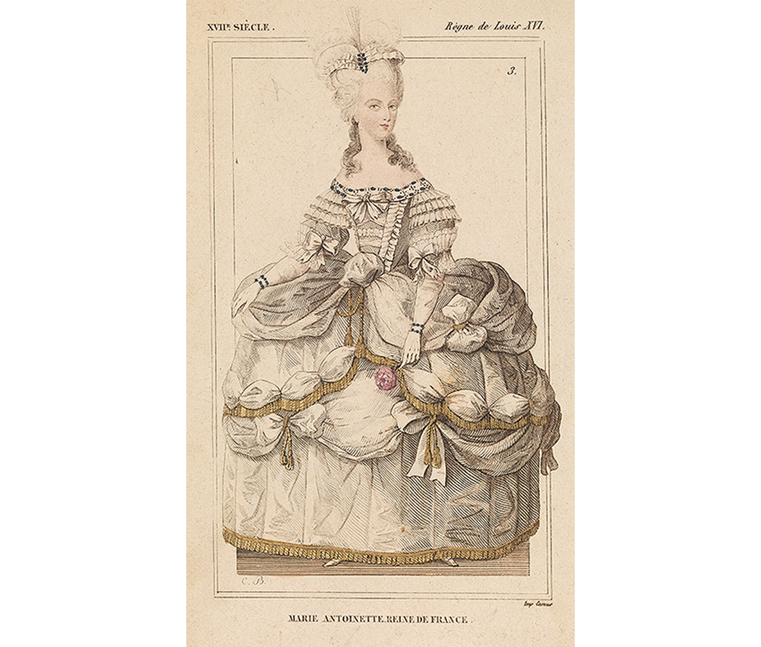 standing woman with elaborately puffed pannier dress with gold ribbon, tall hairdo decorated with ribbons and brooch