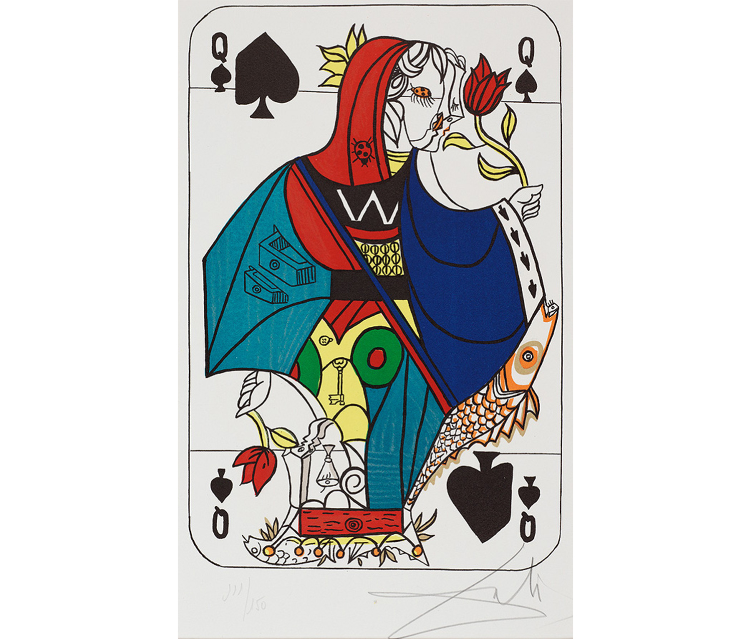 playing card with a woman wearing a red and blue cloak, holding a rose to her nose