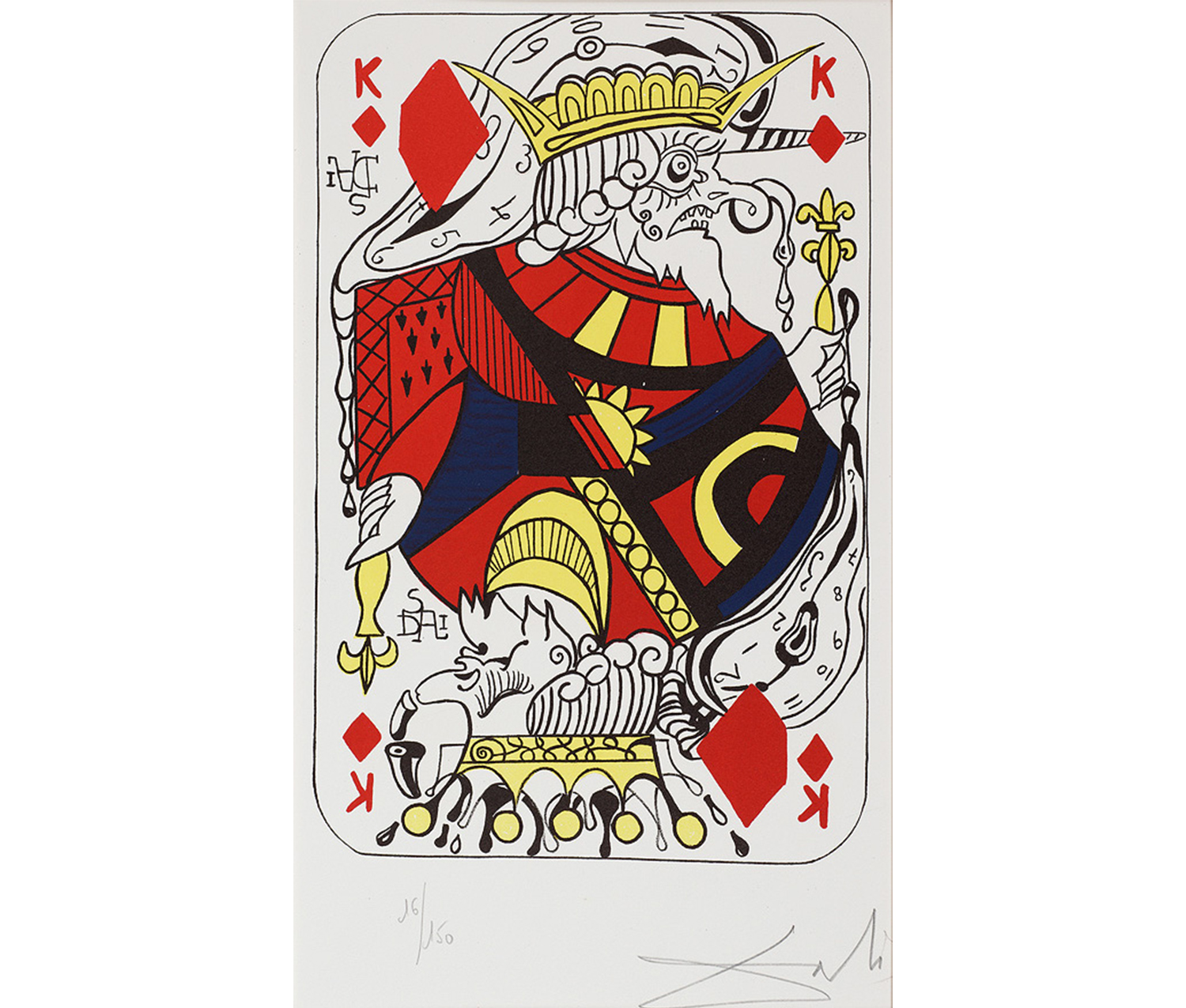playing card featuring a profile view of a man wearing a red cloak and a yellow crown