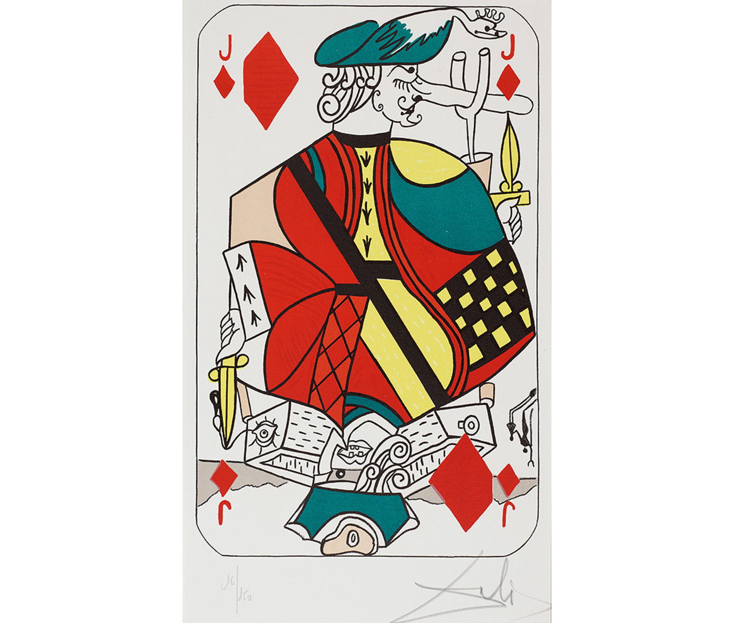 playing card with a profile view of a man wearing a red, yellow, and green cloak and a green hat; man has extremely long nose