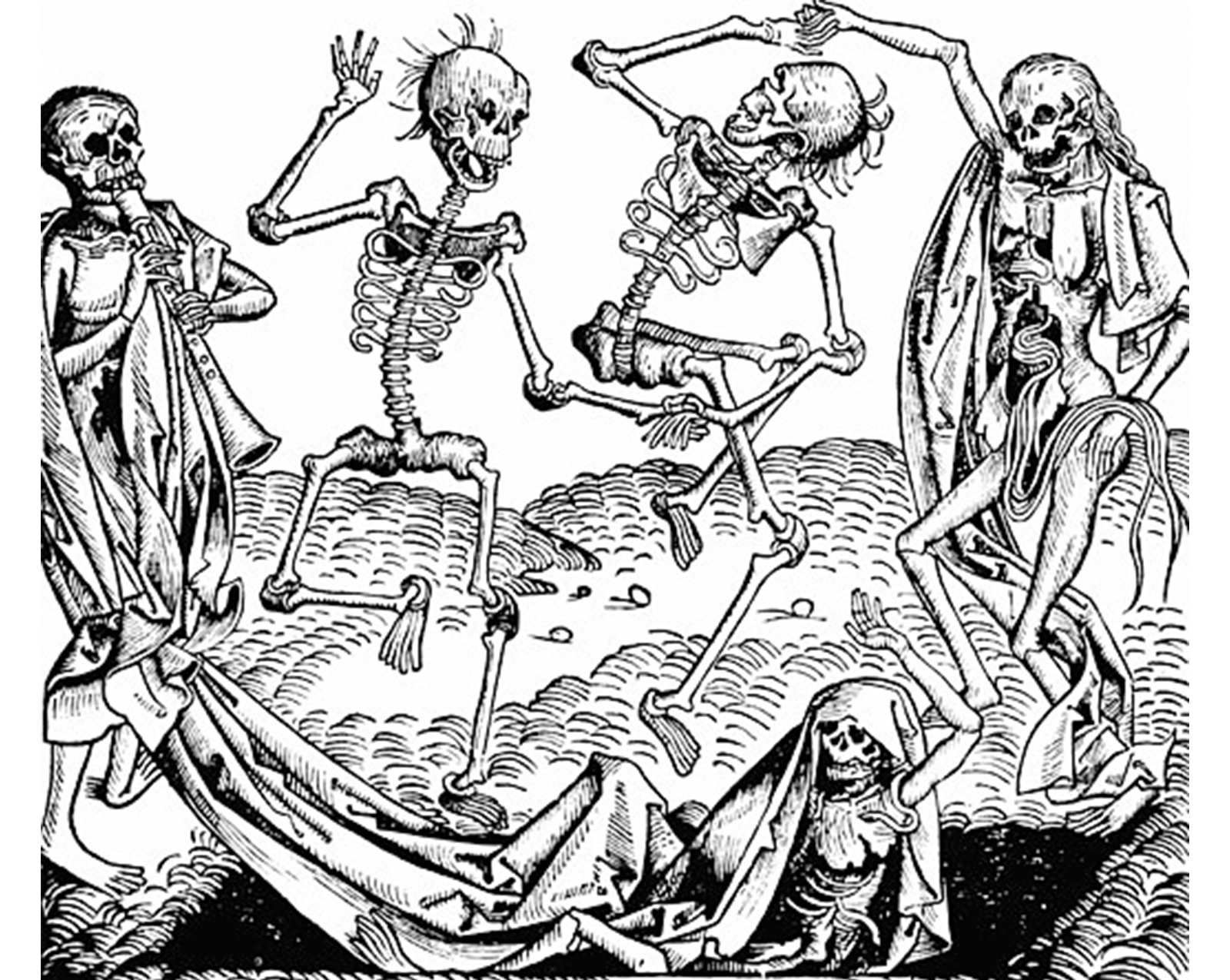 four skeletons wearing costumes and dancing around a fifth skeleton, who is lying on the ground, about to be buried into his grave