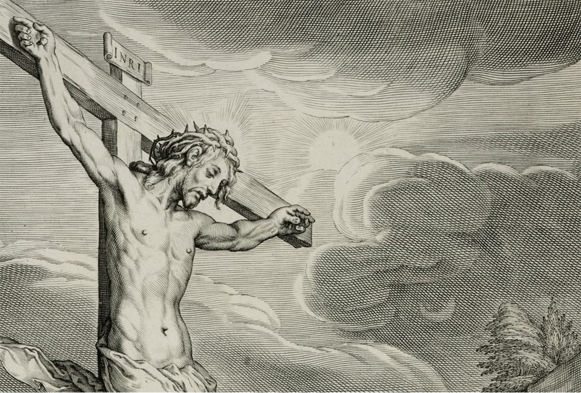"christ being crucified on the left while a sun is beside his head and the moon in his gaze which is pointed downwards"