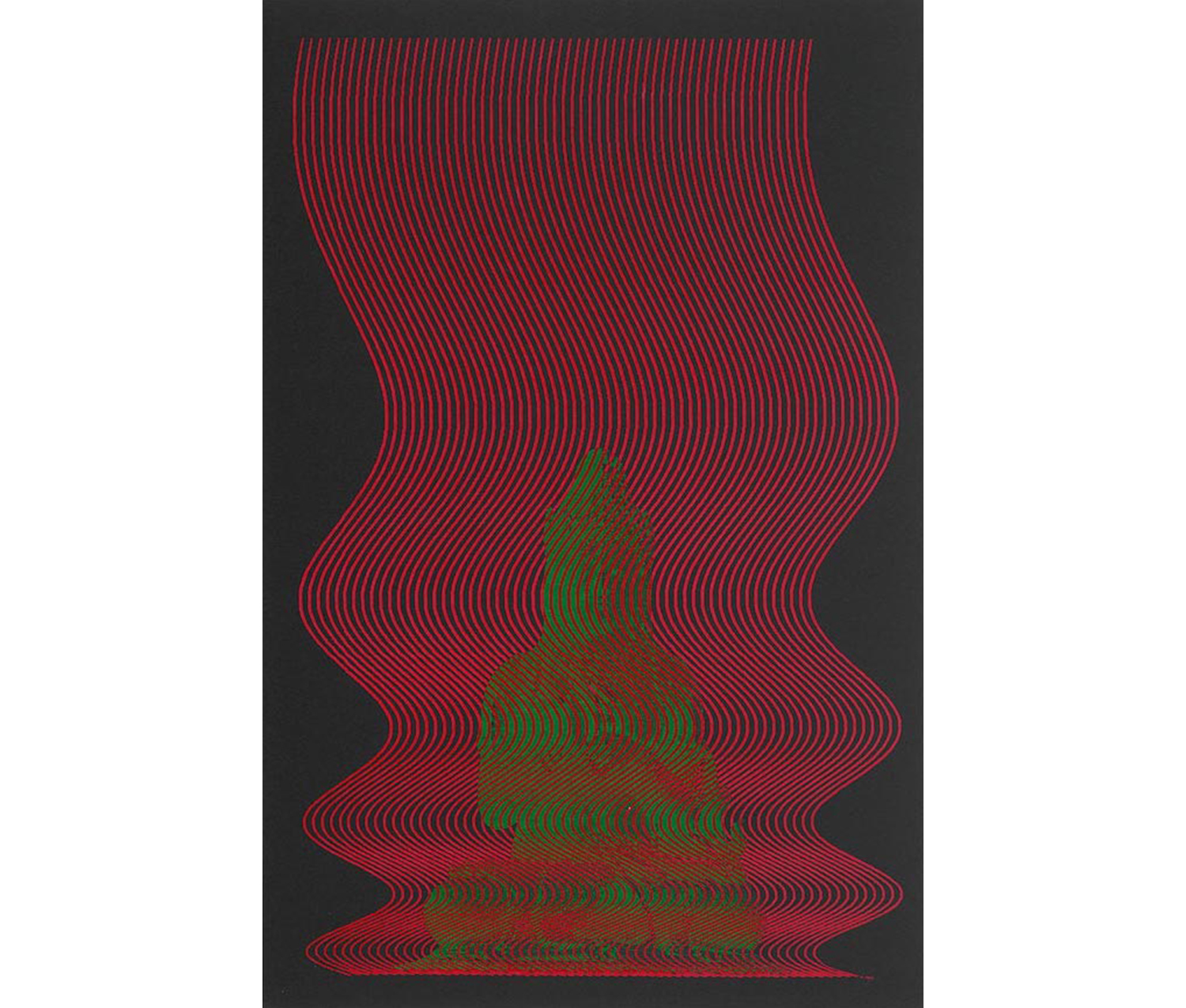 black ground with vertical red undulating lines like a stylized waterfall through which a green seated Buddha can be seen