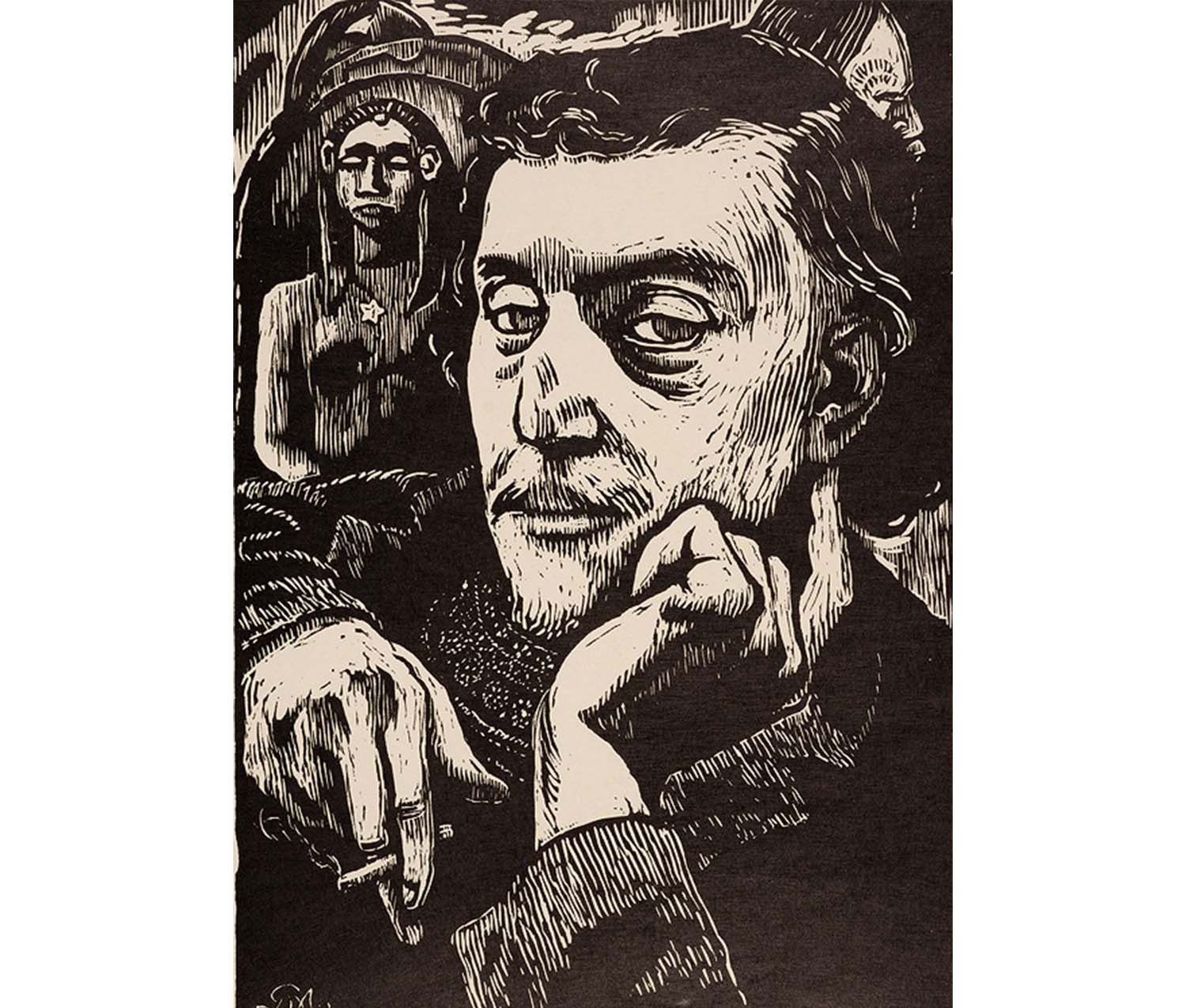 portrait of man with his proper left hand under his chin, one of his fingers touching his ear. he holds a cigarette in his left hand. another figure stands behind him