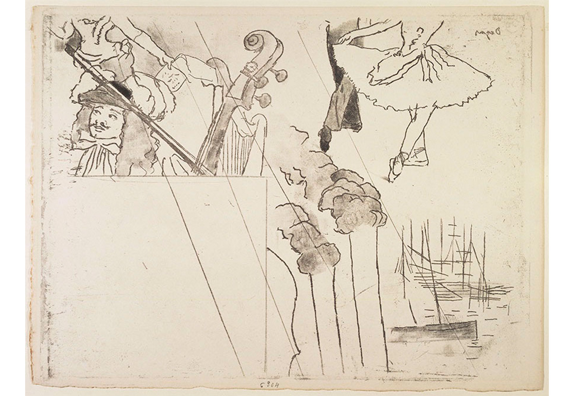drawings of ballerina's feet and man playing a cello. empty white square in the bottom left corner