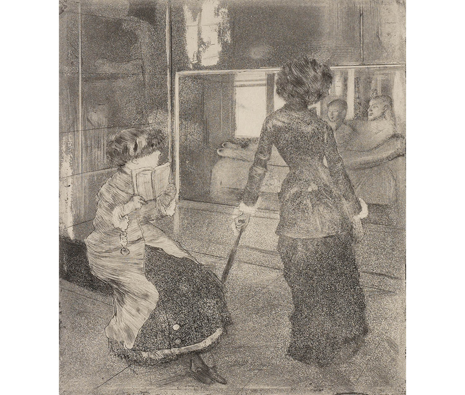 two women visiting a museum. the woman on the left is seated and holding a brochure. the woman on the right is standing, leaning to the left on a walking stick, with her back to the viewer. 