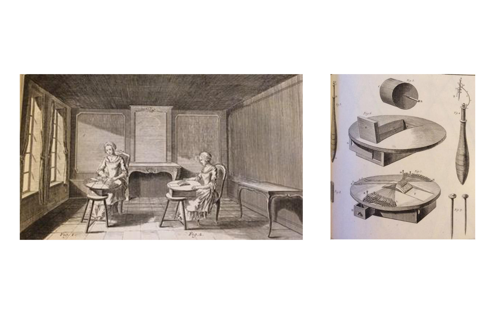 two images side by side. on the left, two women sit at chairs making lace on forms; on the right, a diagram of various lace-making tools