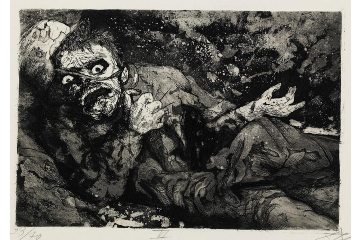 "night, outdoors, wounded soldier lying in a trench with a shocked expression, his proper right hand pulling at his shirt and his proper left on his knee, his helmet askew; war; battlefield; WWI"