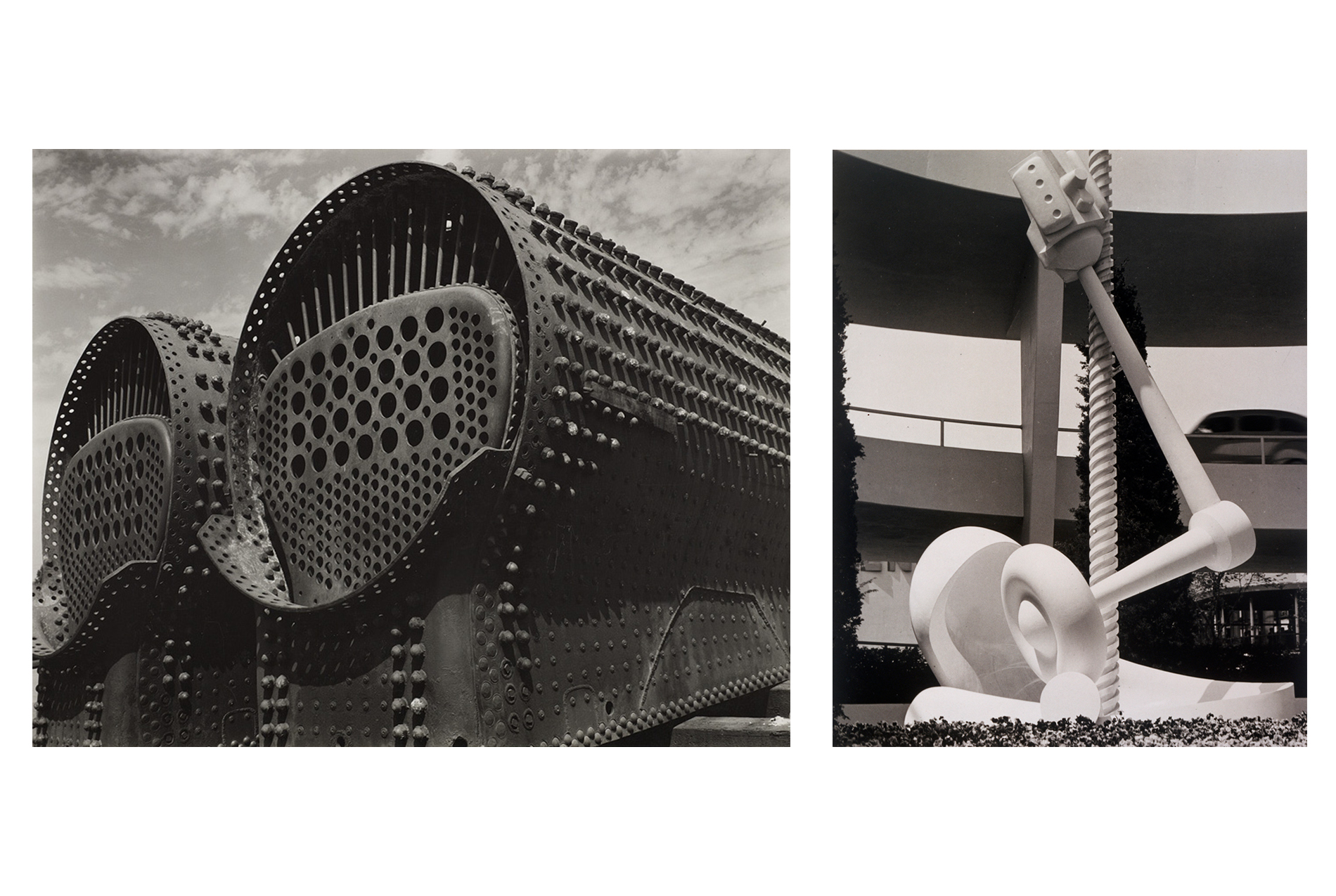 left: sky with white puffy clouds, close-up of round ends of two segments of machinery; right: abstract sculpture in natural setting