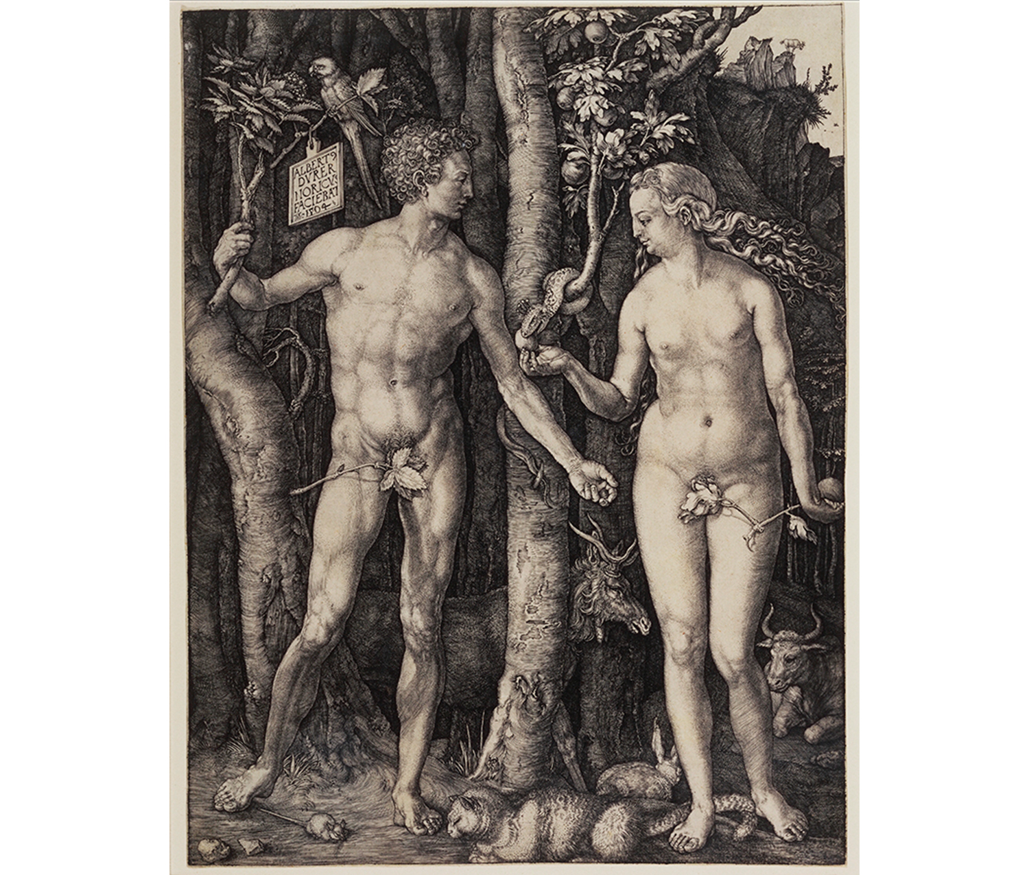 Adam and Eve, side by side, heads turned toward each other; next to trees and animals