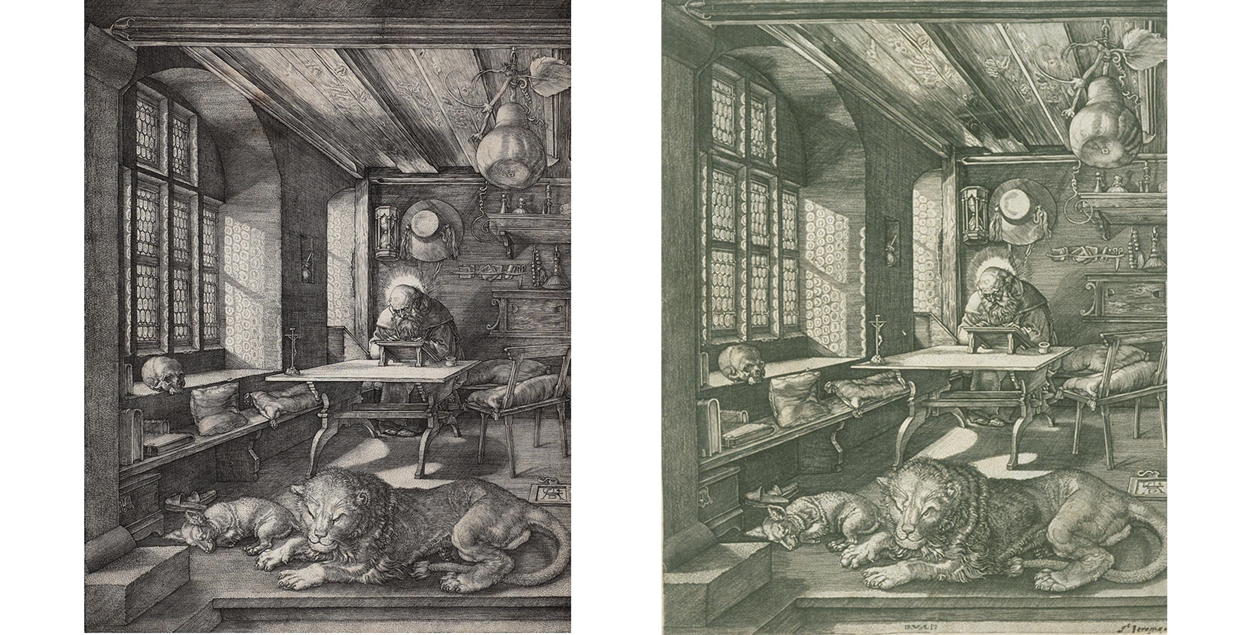 two prints side by side. both of them depict the following: man with halo at table writing in a book; figure of crucified Christ on corner of table, hour glass hanging on wall behind man; lion and dog sleeping in front of table; skull on window seat on left side of image