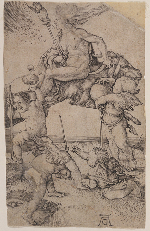 "nude witch seated holding broom backwards on goat; two small children holding goat's legs aloft while two others play in foreground"