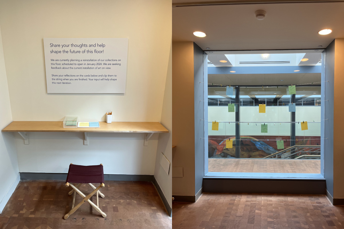 "two images. the one on the left shows a desk and stool with instructions to write suggestions for the future of the third floor. the one on the right is the window where these suggestions are attached."