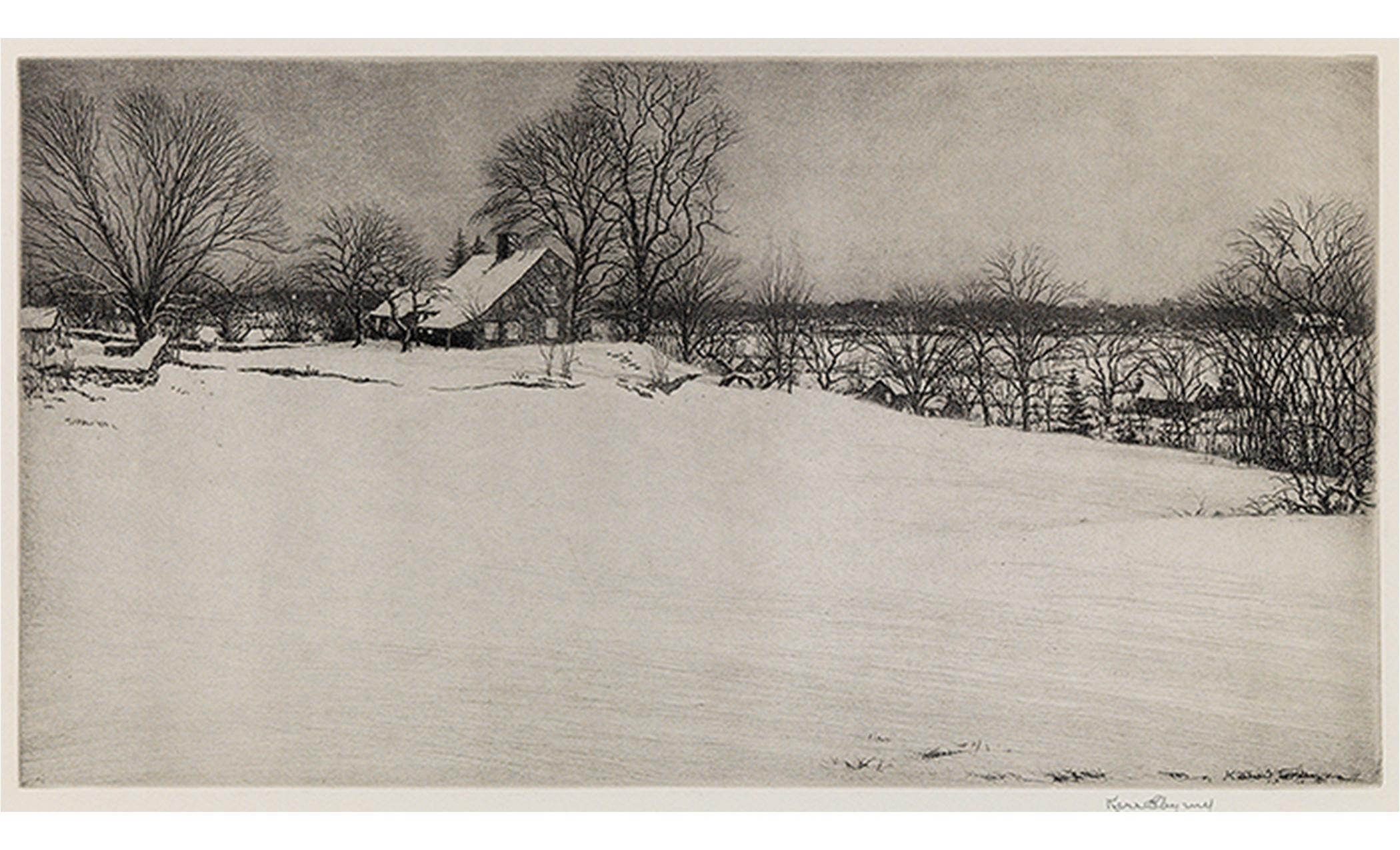 Large expanse of snow in foreground with house and tree line in midground