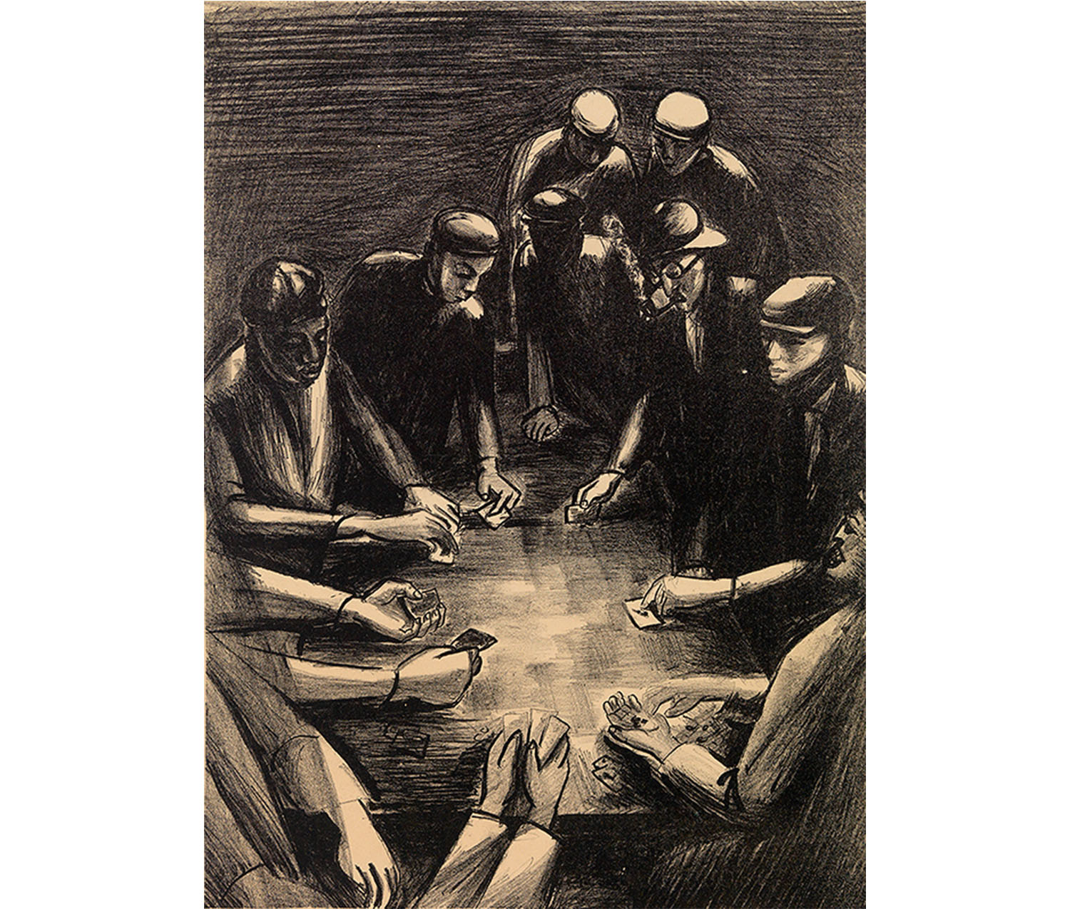 A group of men stand and sit around a table playing cards
