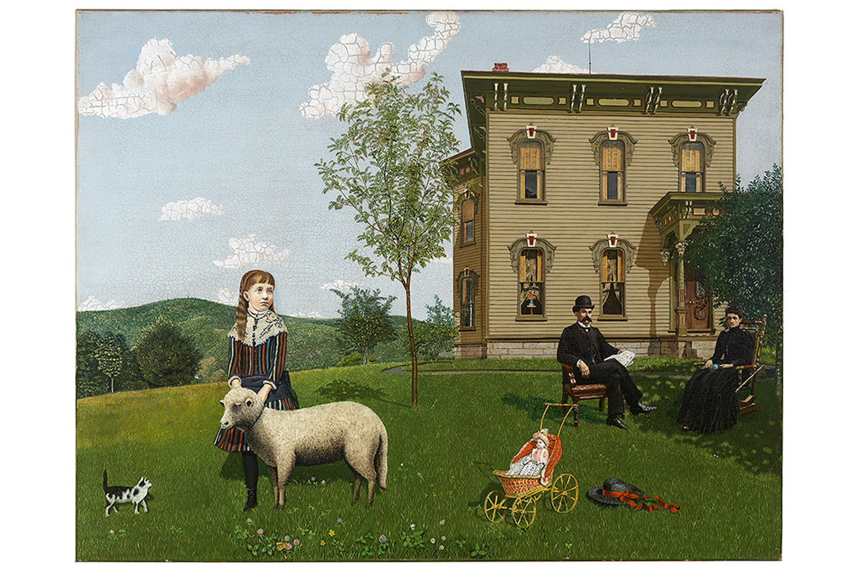 large green lawn with hills and trees in distance, blue sky with puffy white clouds overhead, child in striped dress, large white lace collar, long wavy hair and bangs holding the collar of a white lamb, small cat at lower left, doll carriage with doll and child's straw hat with red ribbon at front center, large clapboard house painted green at back right with a man and woman dressed in mourning black seated in chairs on lawn in front of it, man holding paper and wearing bowler hat, woman holding her knitting, all figures with somber expressions""