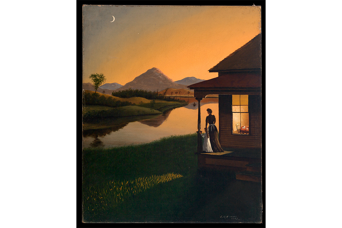 "woman and child on covered porch at lower right looking past water and hills at sunset with quarter moon, interior of house seen through kitchen window, table with red cloth, cup and napkin and one straight chair visible"