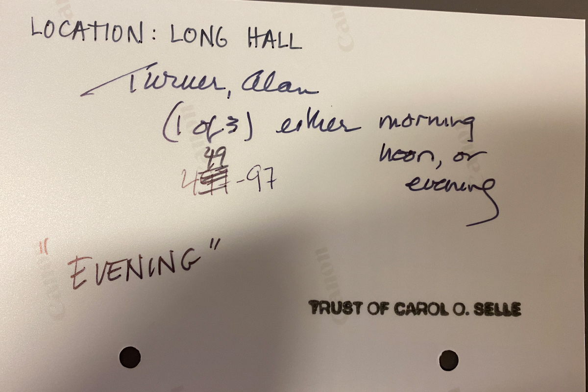 "Location: Long Hall. Turner, Alan" (1 of 3) either morning, noon, or evening
