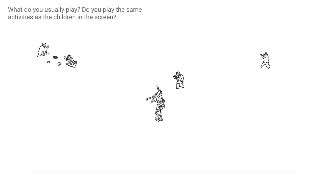 "Drawings of children playing various games on top of white background Caption at top of image: 'What do you usually play? Do you play the same activities as the children in the screen?'"