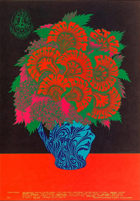 "red base, black background, vase in blue and purple holding green and pink leaves and flowers with words in petals: BLUE CHEER OCT 6,7,8...,LEE MICHAELS/ NORTH AMERICAN IRIS/ CLIFTON CHENIER/ AVALON BALLROOM/ SAN FRANCISCO/ SUTTER/ VAN NESS/ logo in green at upper left with smoking indian in top had at FAMILY DOG PRESENTS around it"