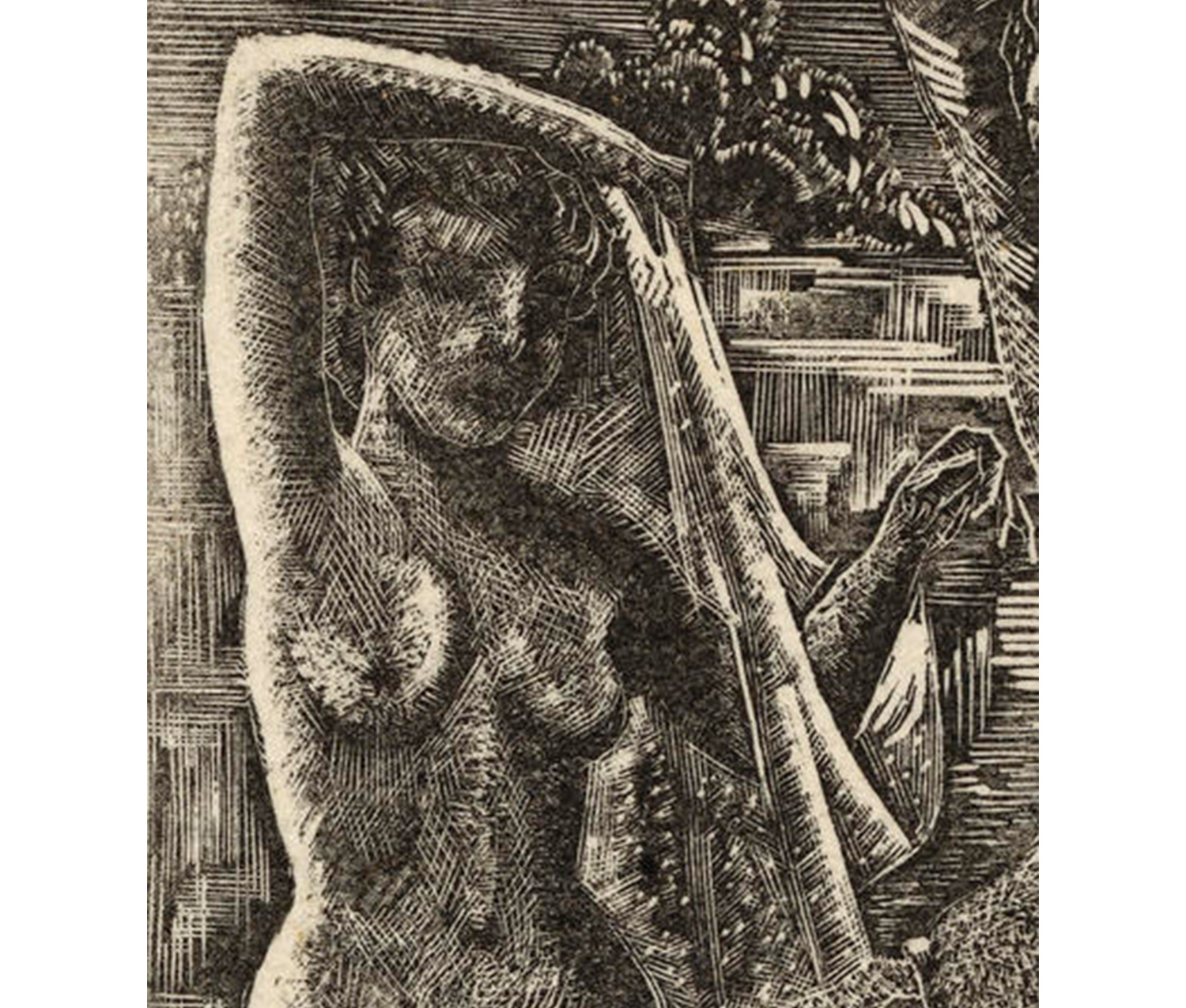 close-up of nude woman wrapping a towel around herself