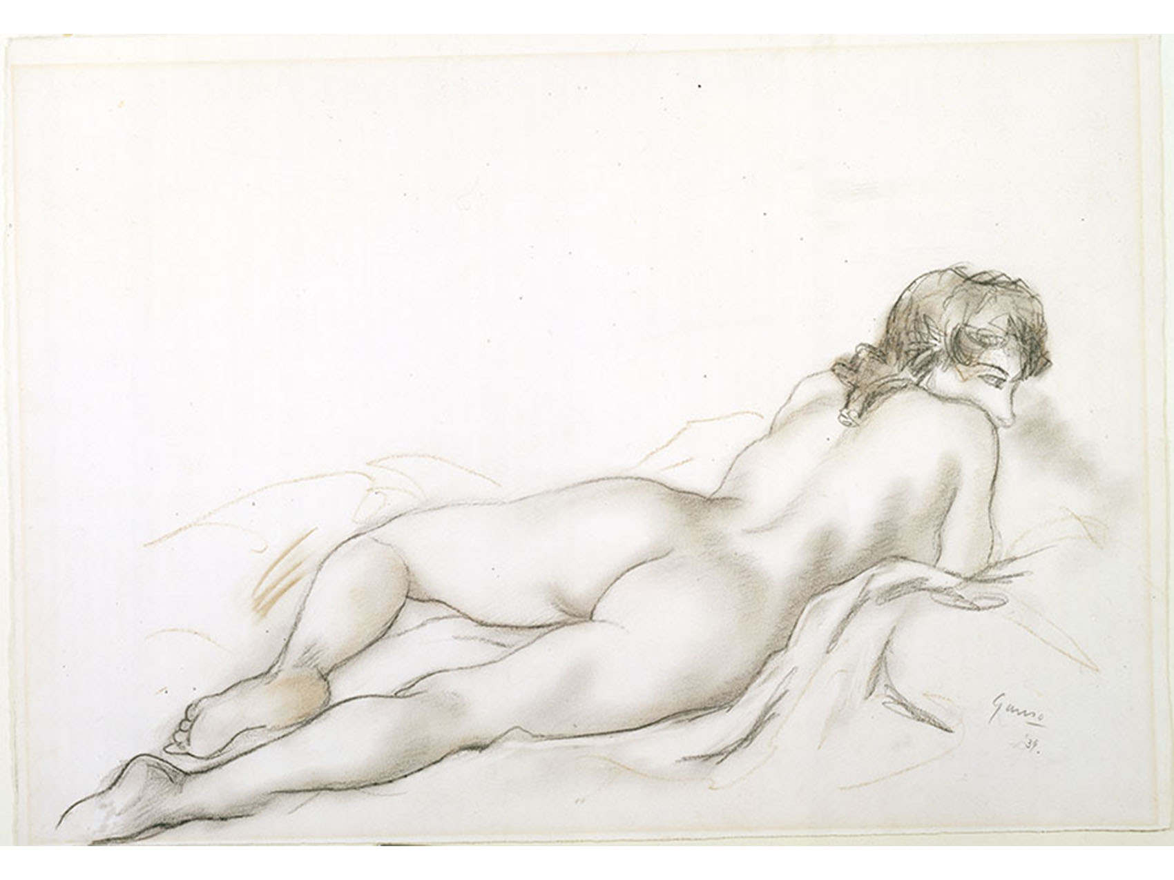nude woman reclining on a white cloth on her stomach, facing away from viewer, head lifted facing toward proper right