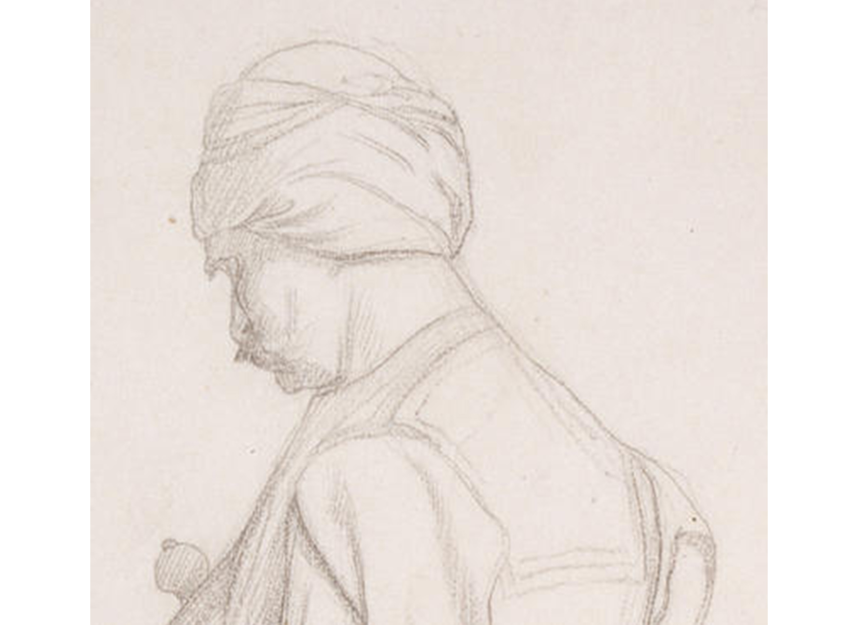 close-up of the back of a man, facing to the left and wearing a turban