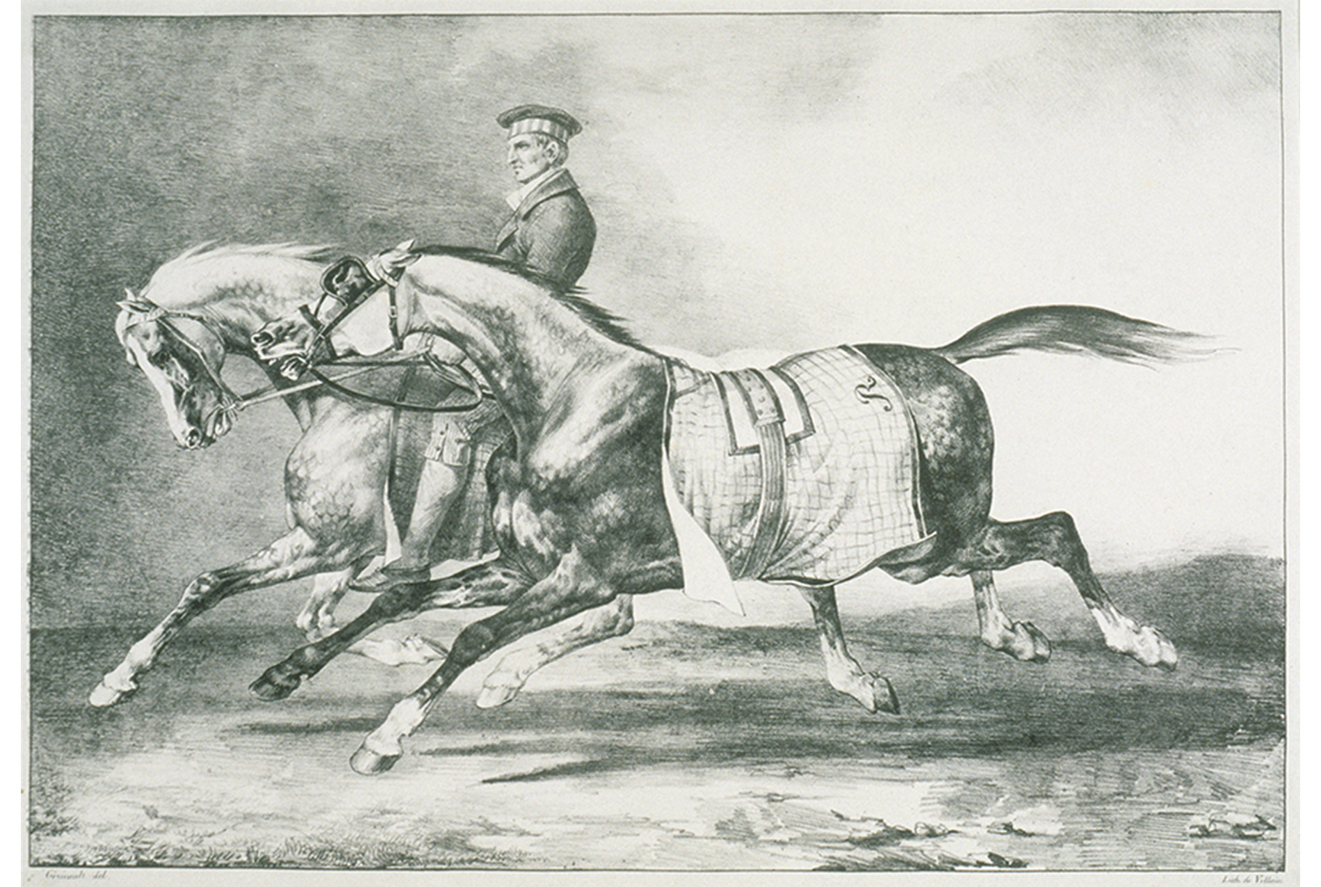 profile view of man riding a horse. another horse runs next to them