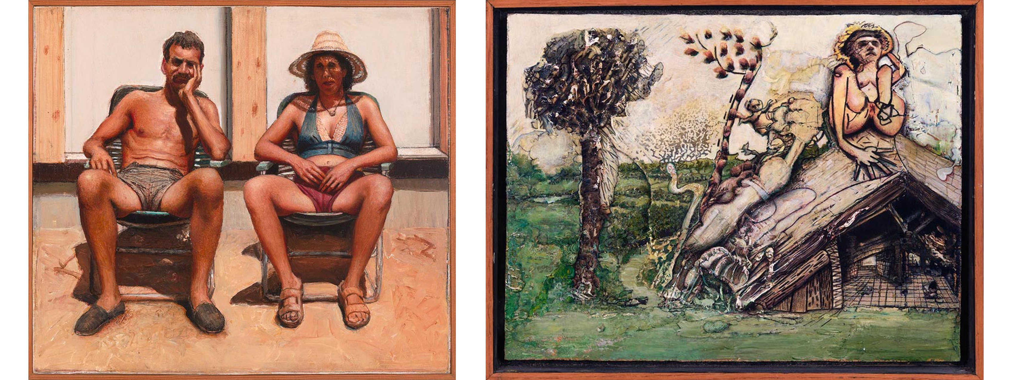 left: couple in bathing suits seated in folding beach chairs on sand in front of white and wood wall, he has his face resting in his hand and she is wearing a woven beach hat. right: green land and water, white sky, large tree at left, snake left of center with another tree with a child holding on to is, woman with large breasts rests on the roof of a very damaged building on right